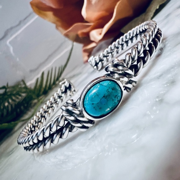 Vintage 925 Genuine Turquoise Cable Cuff Adjustable Bracelet Sterling Silver - Picture 9 of 9